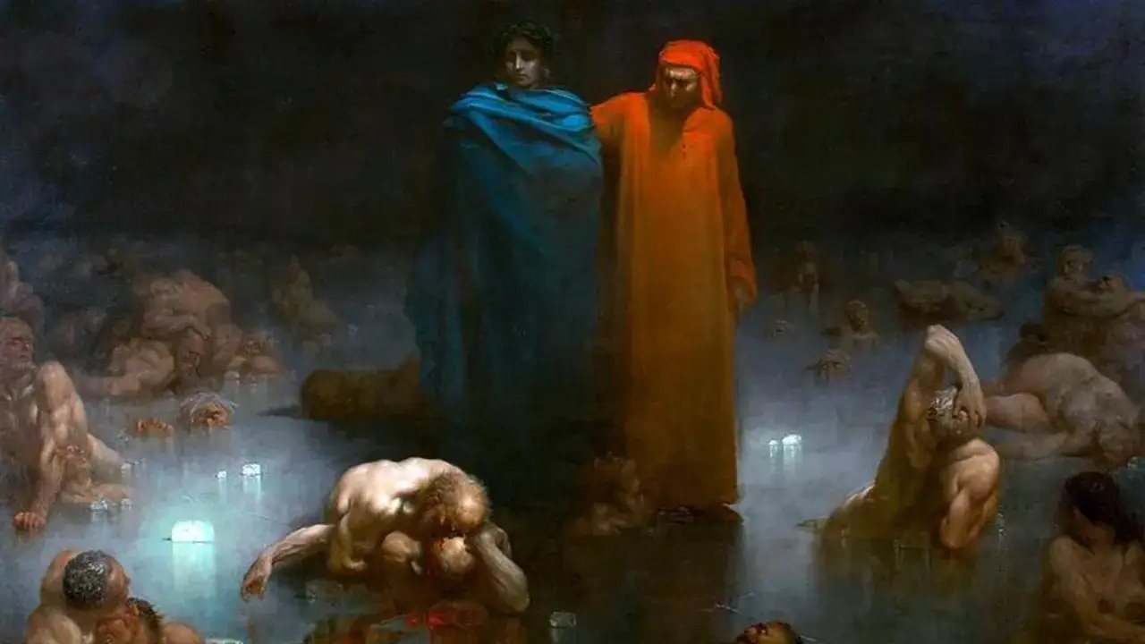 Dante i Wergiliusz w otchłani, gdzie cierpią potępieni. Obraz ukazuje jakie wizje zaświatów można odnaleźć w literaturze.