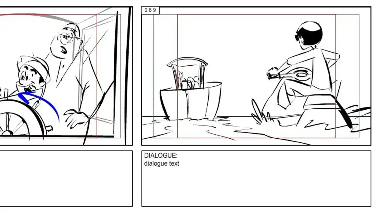 Storyboard do filmu: chłopiec i starszy mężczyzna sterują łodzią, a za nimi jedzie ktoś na skuterze wodnym. Idealne, by pokazać, jak narysować komiks do szkoły.